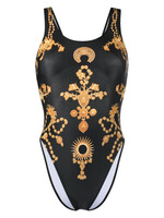 Marine Serre Marine Serre Swimwear, Print, Ornament Jewelry Sporty One Piece Swimsuit In Black w/ Placed Ornament Jewelry Print