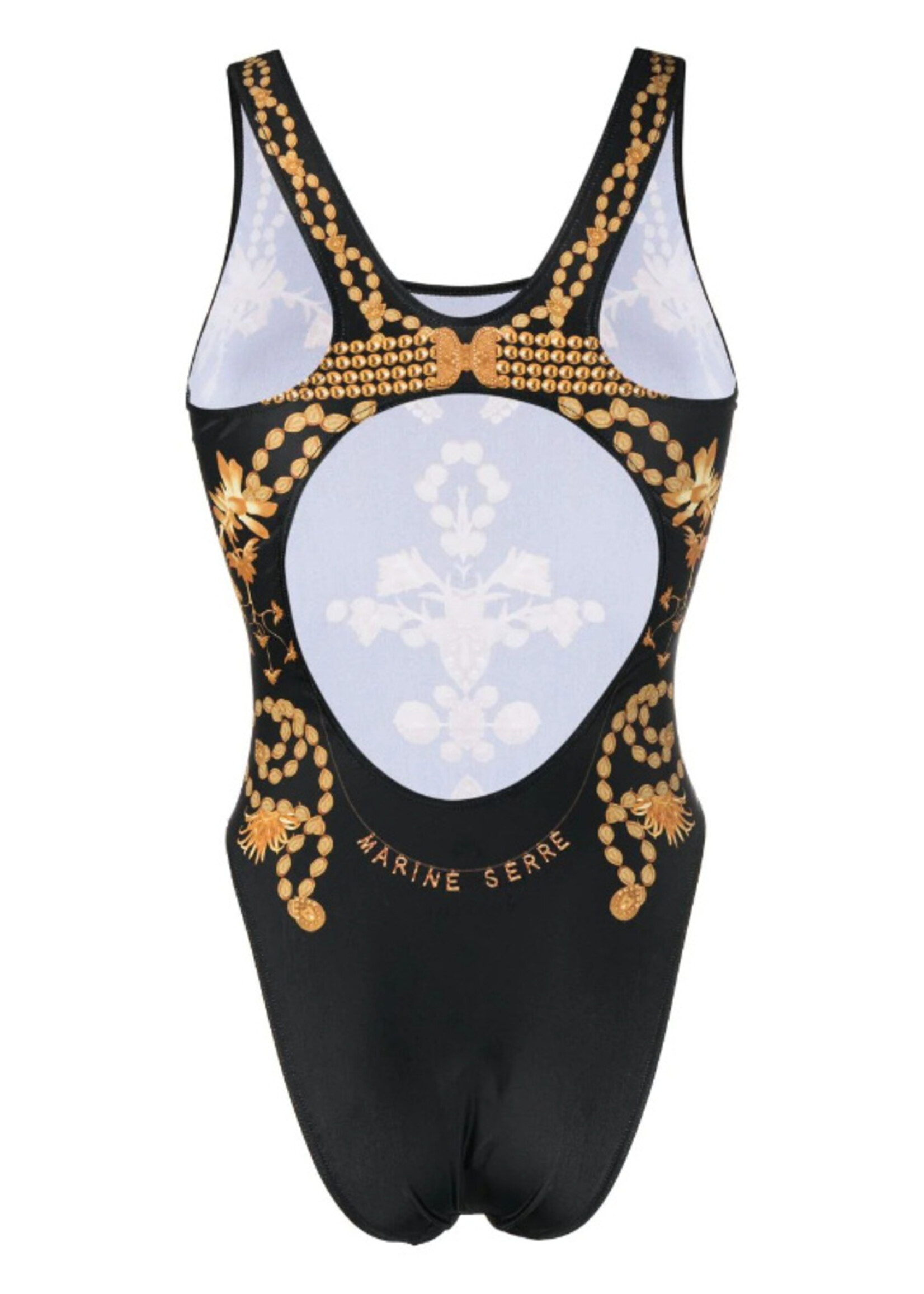 Marine Serre Marine Serre Swimwear, Print, Ornament Jewelry Sporty One Piece Swimsuit In Black w/ Placed Ornament Jewelry Print