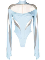 Mugler Mugler Top, Blue, High Neck Long Sleeve Bodysuit in Light Blue w/ Nude Mesh Panels