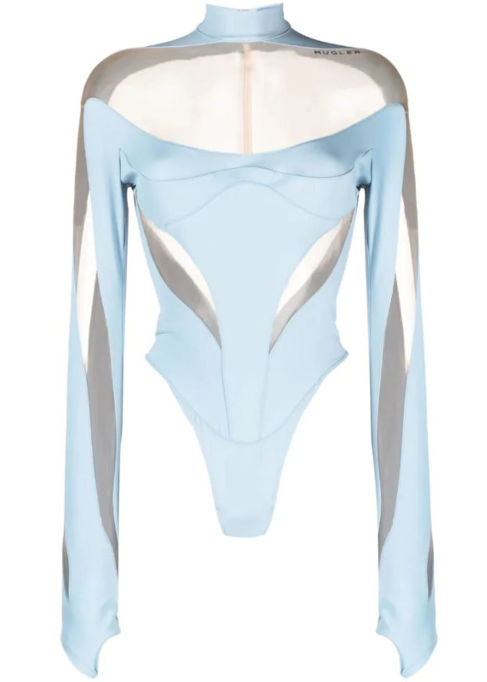 Mugler Mugler Top, Blue, High Neck Long Sleeve Bodysuit in Light Blue w/ Nude Mesh Panels