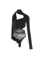 Mugler Mugler Top, Black, Eco Stretch & Mesh High Knot Neck One Shoulder Asymmetric Bodysuit in Black w/ Cut Out Details