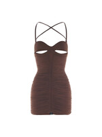 Mugler Mugler Dress, Brown, Crossed Straps Sleeveless Draped Mini Dress in Chocolate w/ Cut Out Details