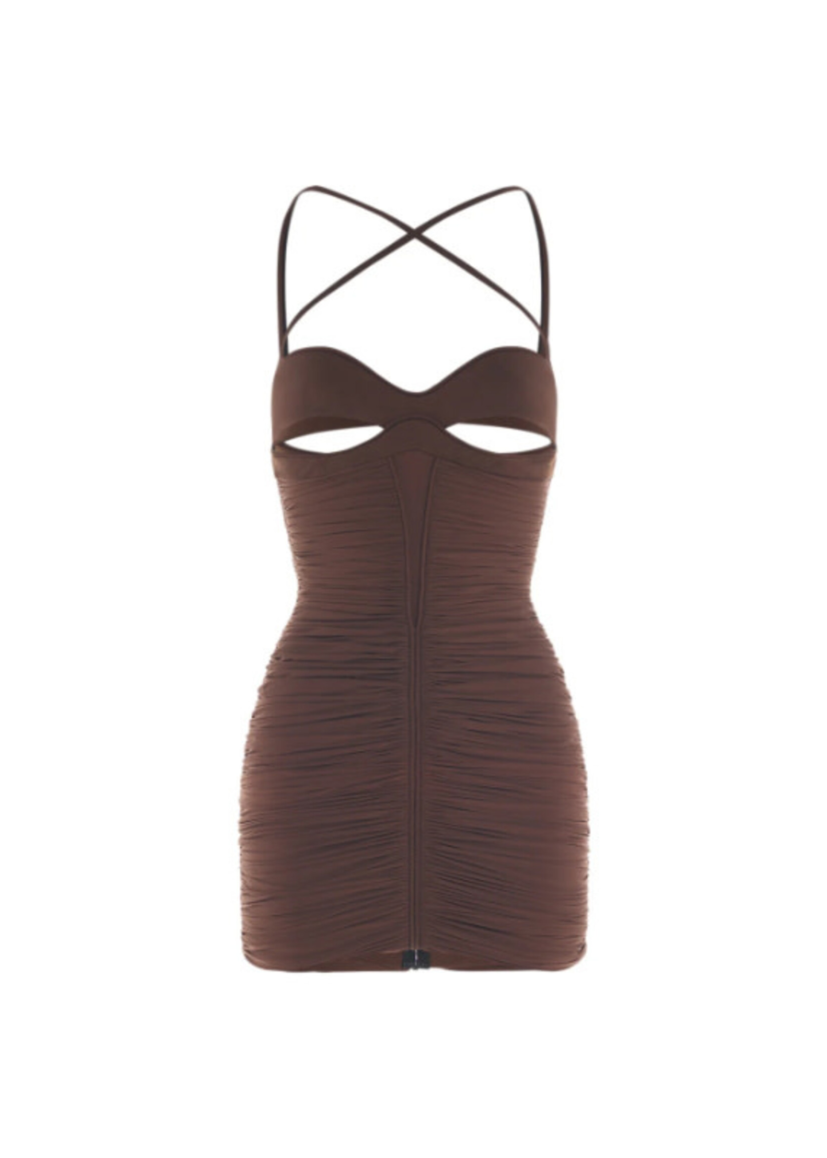 Mugler Mugler Dress, Brown, Crossed Straps Sleeveless Draped Mini Dress in Chocolate w/ Cut Out Details