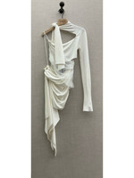 Mugler Mugler Dress, White, Eco Stretch & Mesh High Knot Neck One Shoulder Asymmetric Mini Dress in Snow w/ Cut Out Details