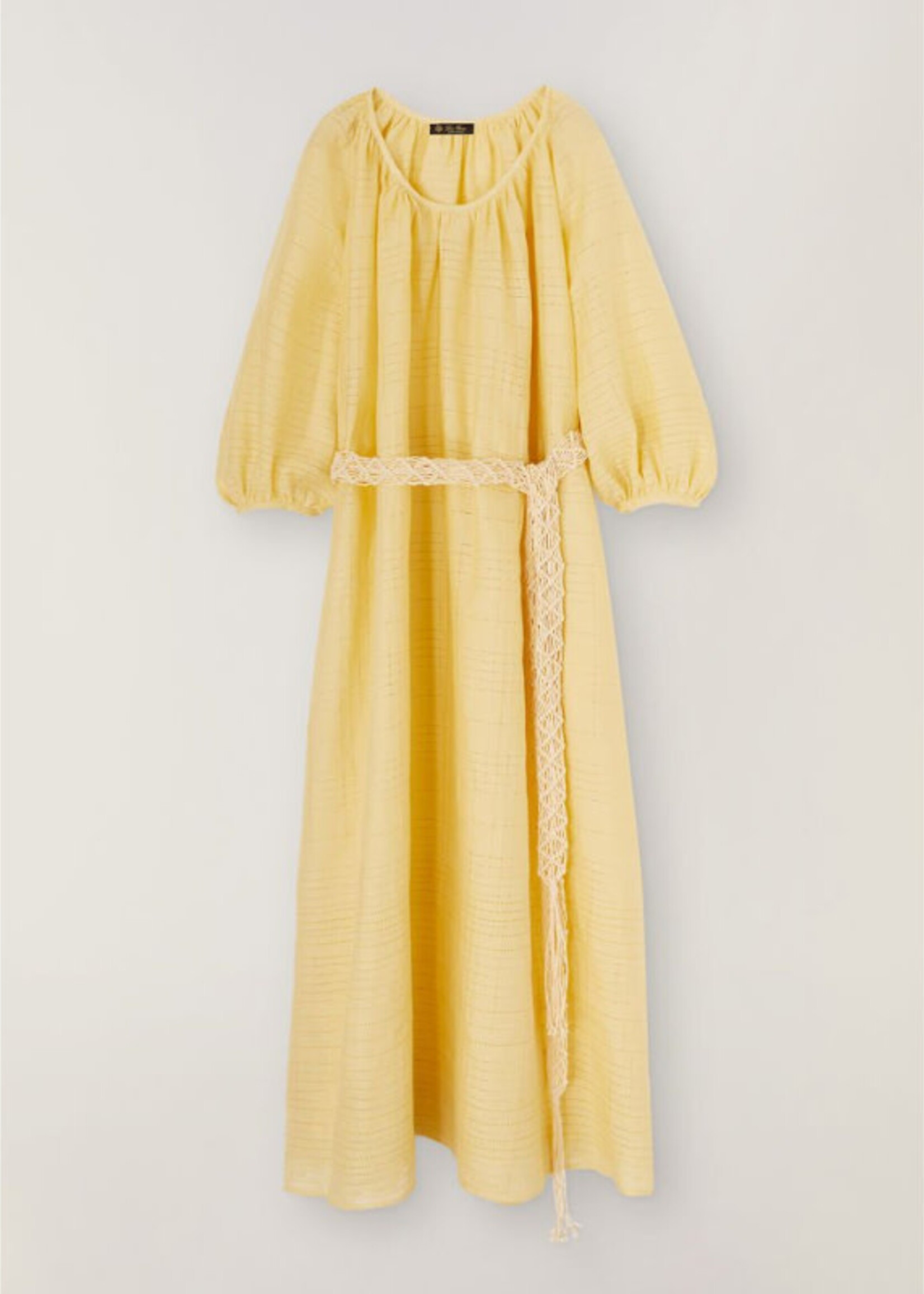 Loro Piana Loro Piana Dress, Yellow, Medea Needle Linen Loose Fit Voluminous Sleeve Long Dress in Pineapple Sorbet w/ Macrame Belt