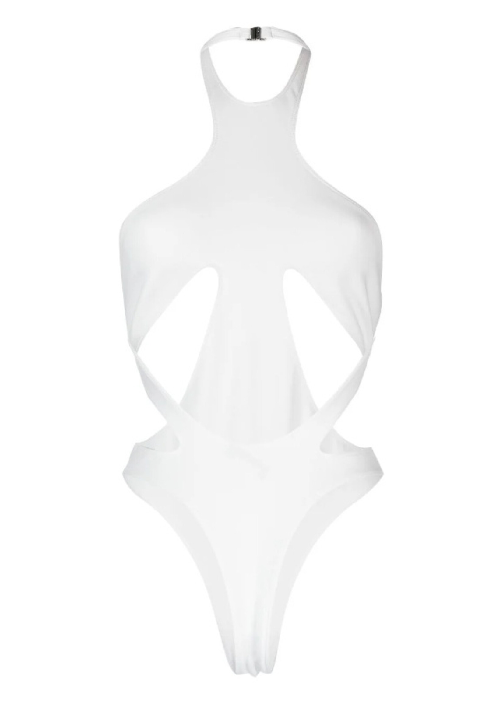 Mugler Mugler Top, White, Slim Fit Halter Neck Bodysuit in Snow W/ Cut Out Details