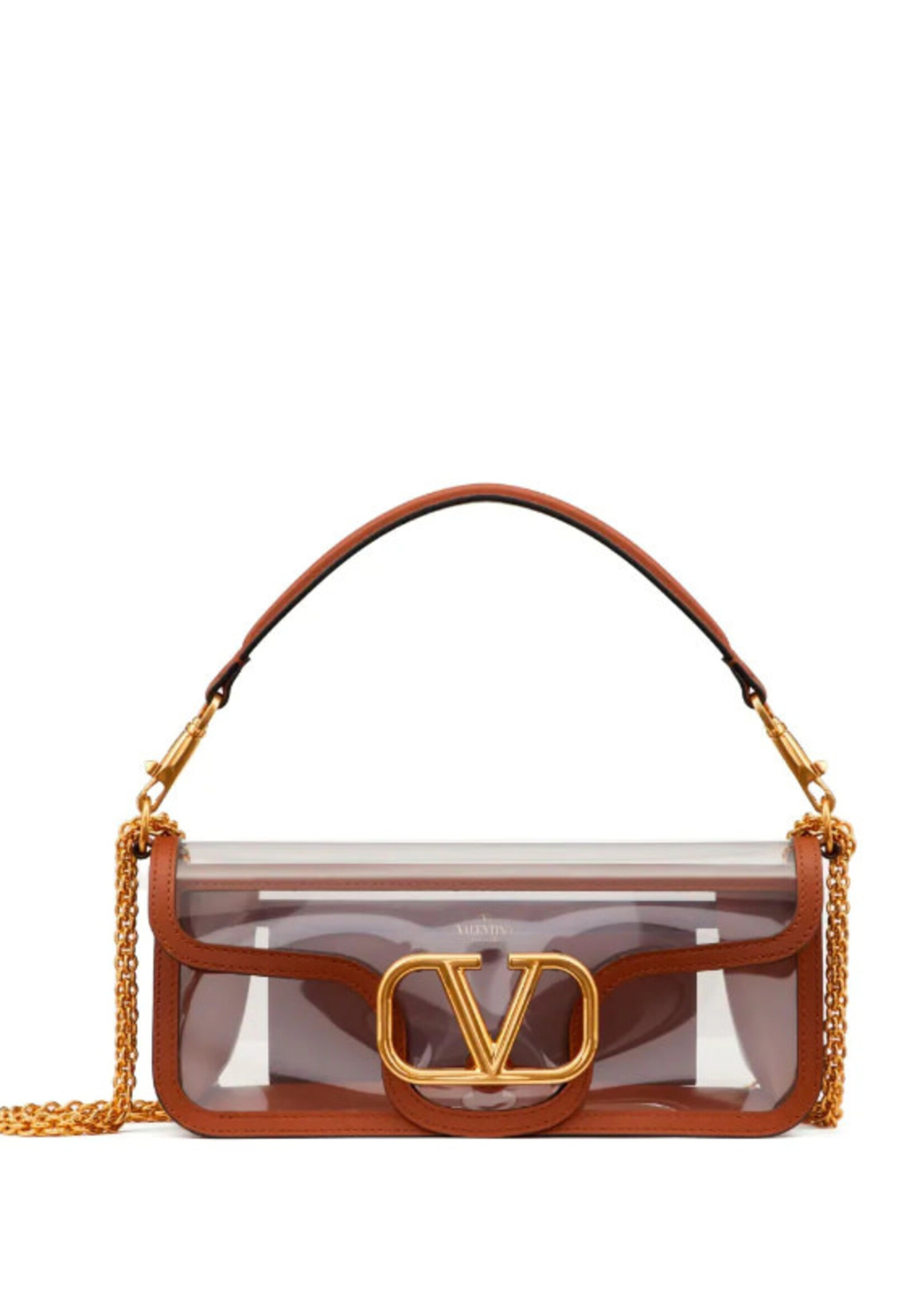 Valentino Valentino Bag, Multi, Loco Polymeric Magnetic Closure Shoulder Bag In Brown & Transparent w/ Golden Strap