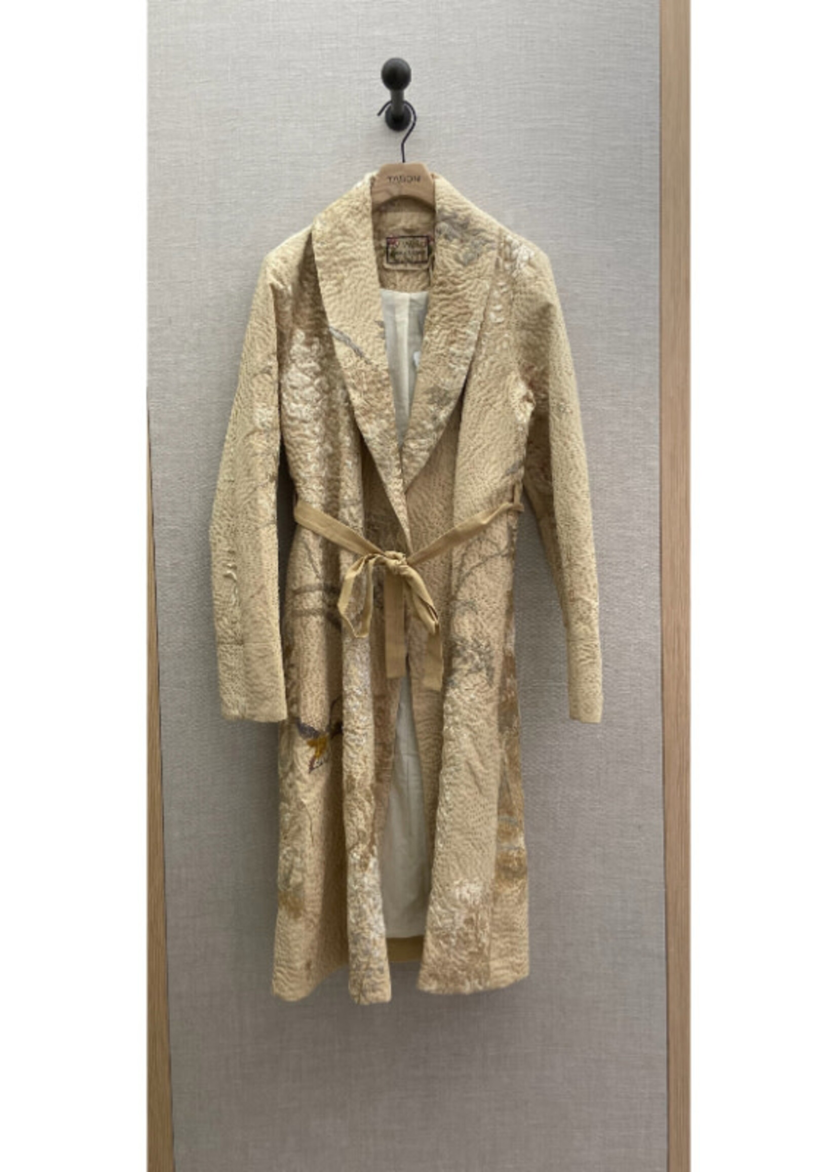 By Walid By Walid Coat, Beige, Trench Collared 19th Century Hand Embroidered Chinese Silk Belted Coat In Light Beige