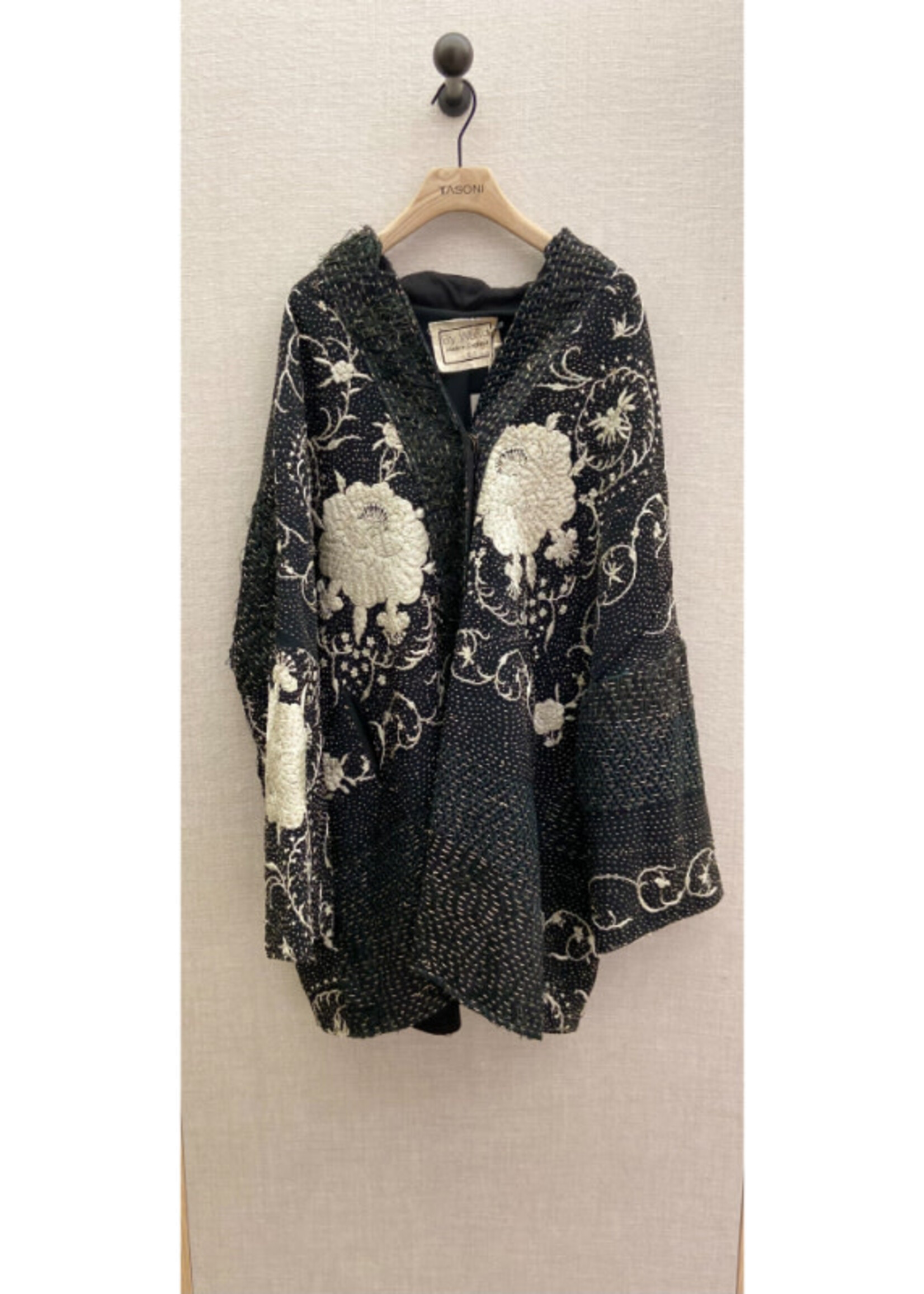 By Walid By Walid Coat, Multi, Basma V-Neck 19th Century Hand Embroidered Chinese Silk Coat In Black w/ Ivory Embroidery