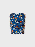 Rabanne Paco Rabanne Top, Multi, Pastille Crew Neck Cropped Sleeveless Large Sequins Top In Navy Bright Orange & Silver