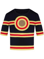 Rabanne Paco Rabanne Top, Multi, Knitted Crew Neck Short Sleeve Cropped In Navy & Gold w/ Stripes & Geometric Embroidery