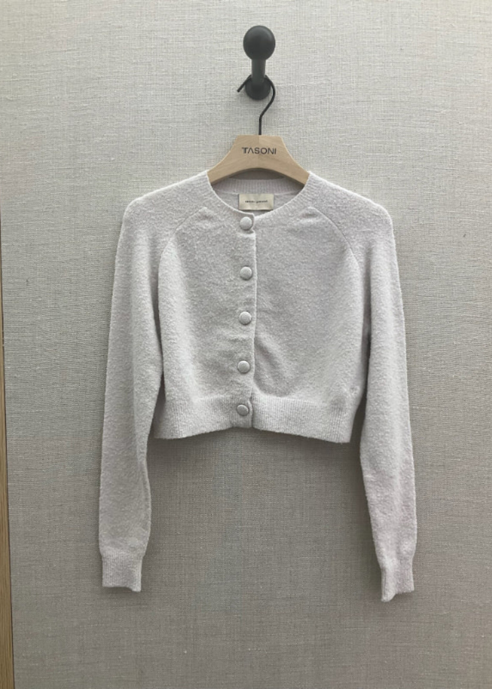 Alexandra Golovanoff AGT Knitwear, White, Mila Light Cashmere & Cotton Crew Neck Button Up Cropped Cardigan in Riz