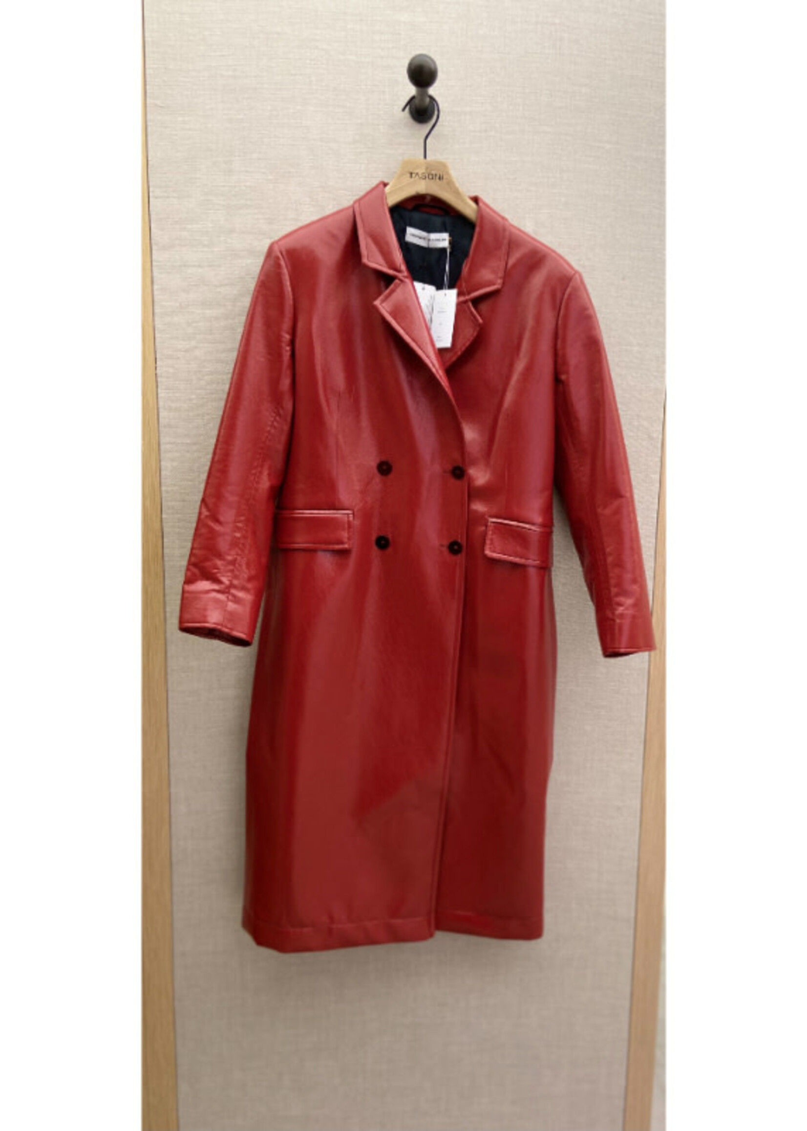 Arienne Birchler Arienne Birchler Coat, Red, Vinyl Collared Button Up Long Coat w/ Pockets