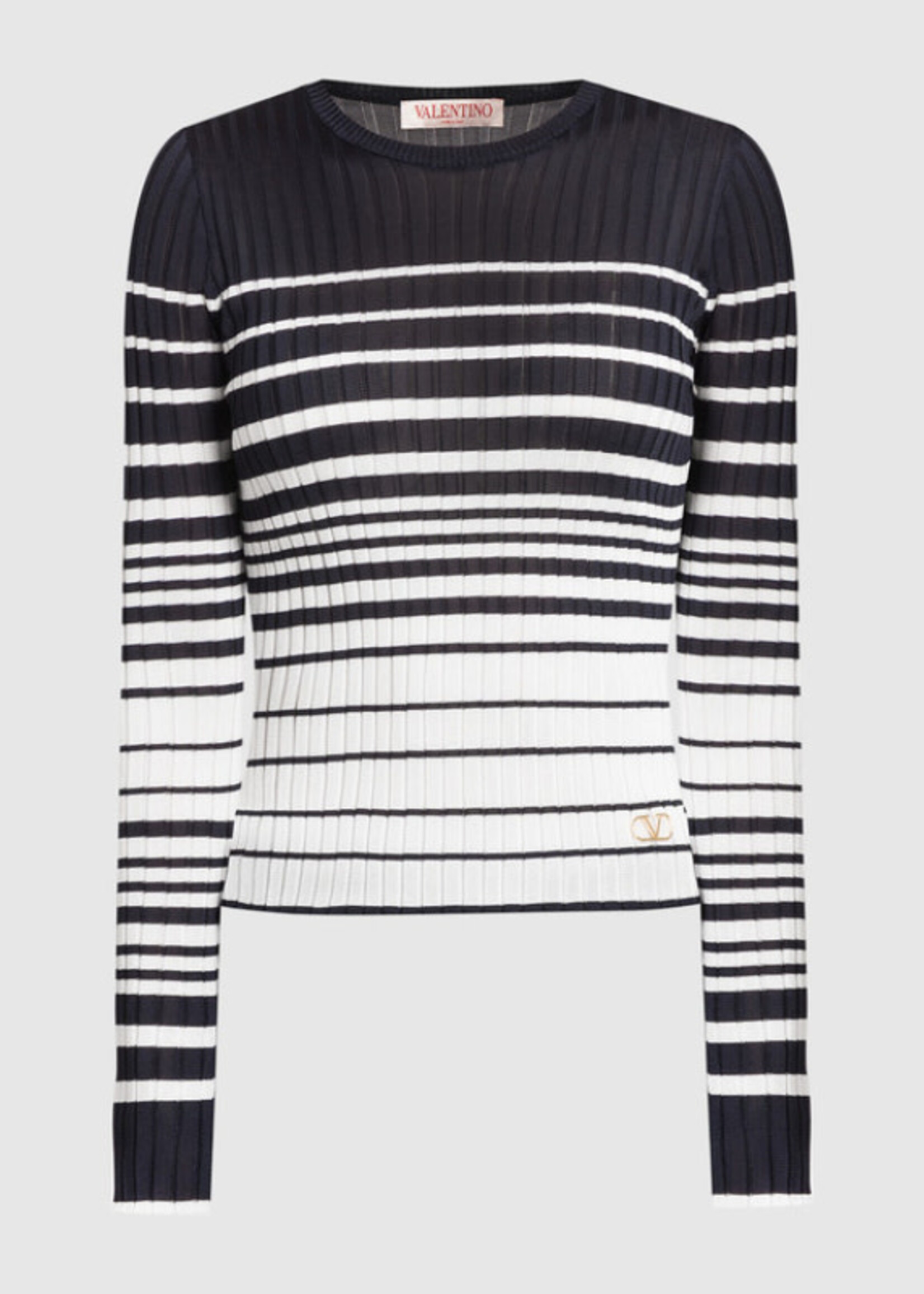 Valentino Valentino Knitwear, Multi, Crew Neck Ribbed Stripe Knitwear in Ivory & Navy