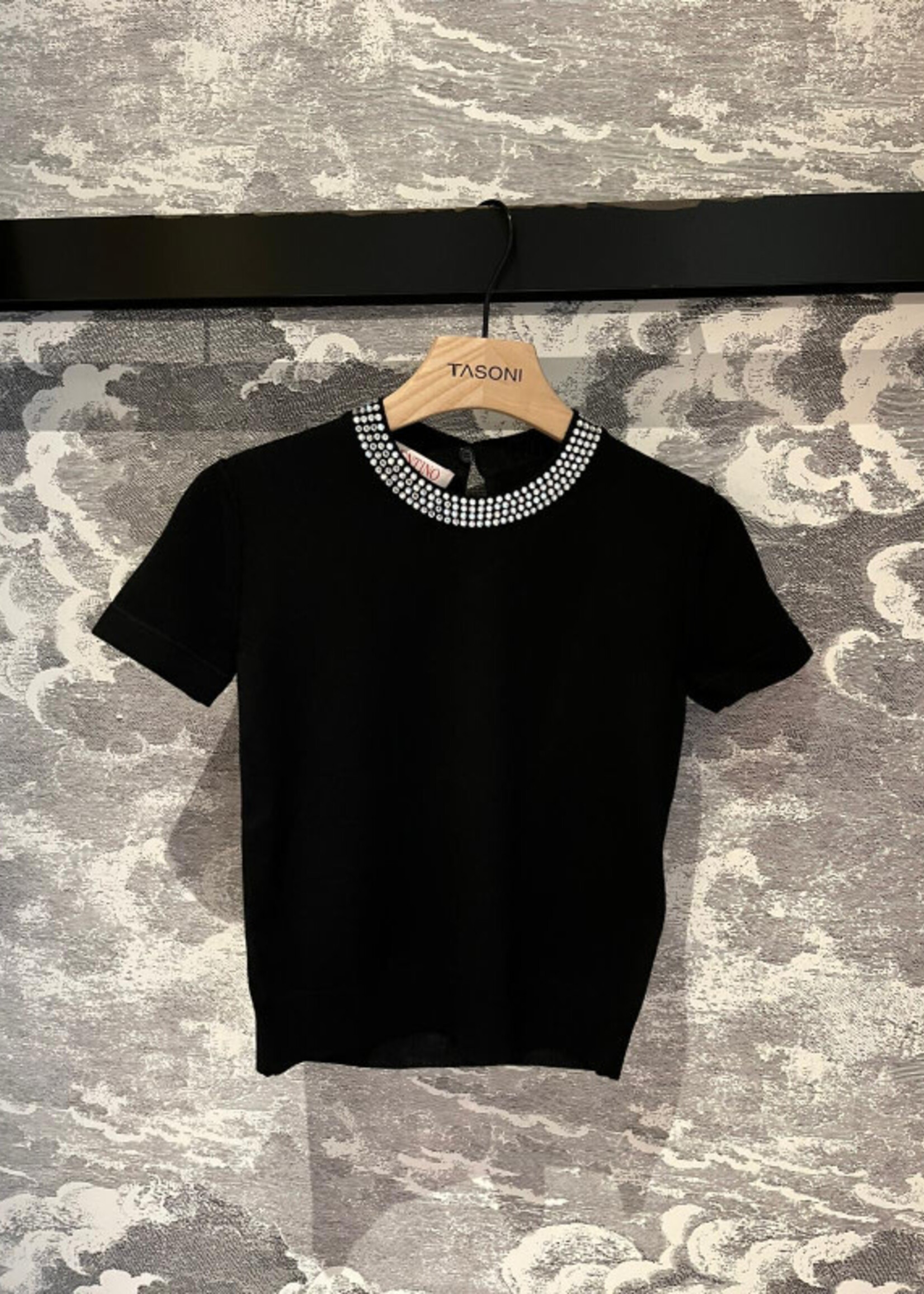 Valentino Valentino Top, Black, Wool Crystals Crew Neck Short Sleeve Knit Top