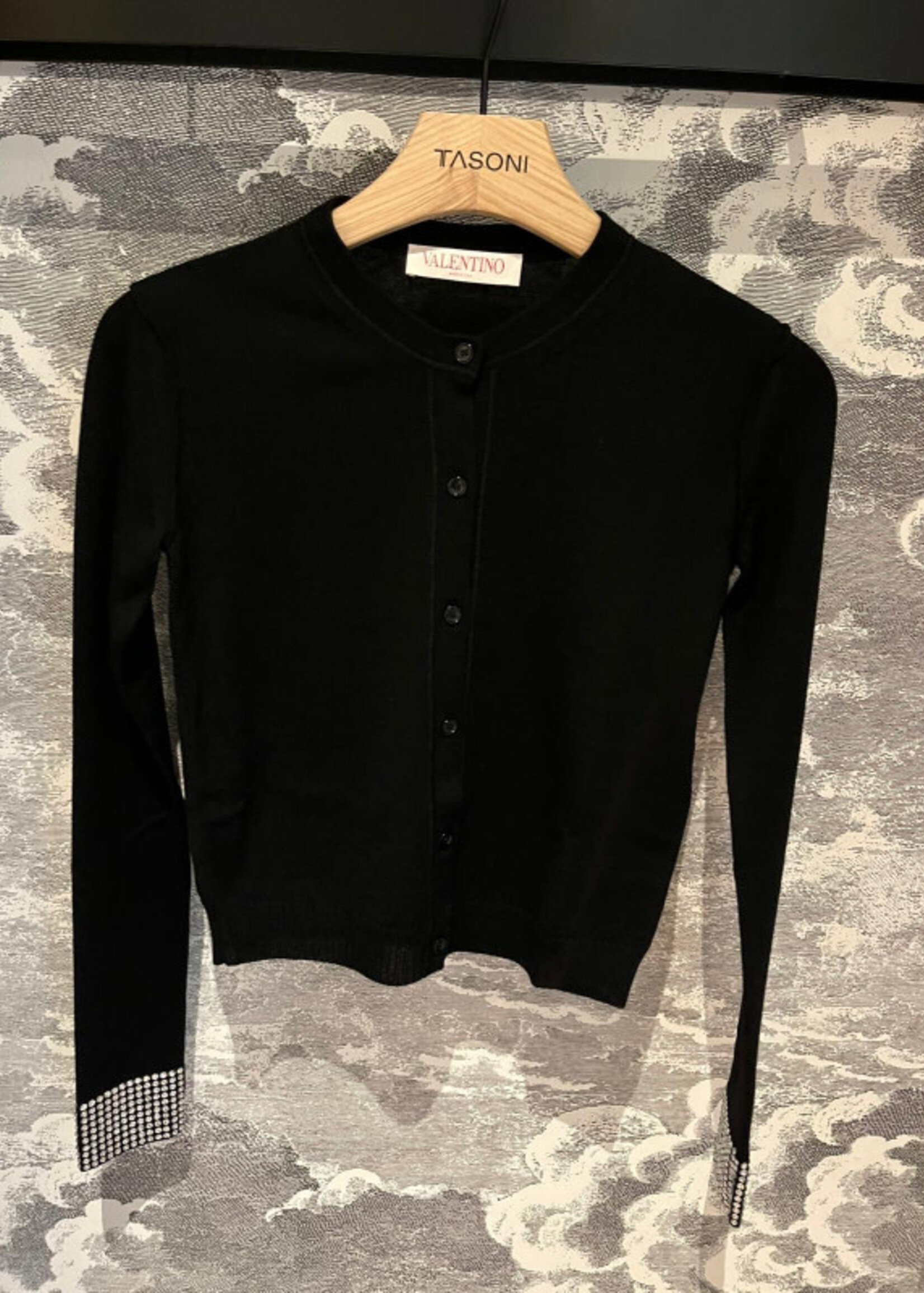 Valentino Valentino Knitwear, Black, Wool Crew Neck Button Up Cardigan w/ Crystal Hem Sleeves