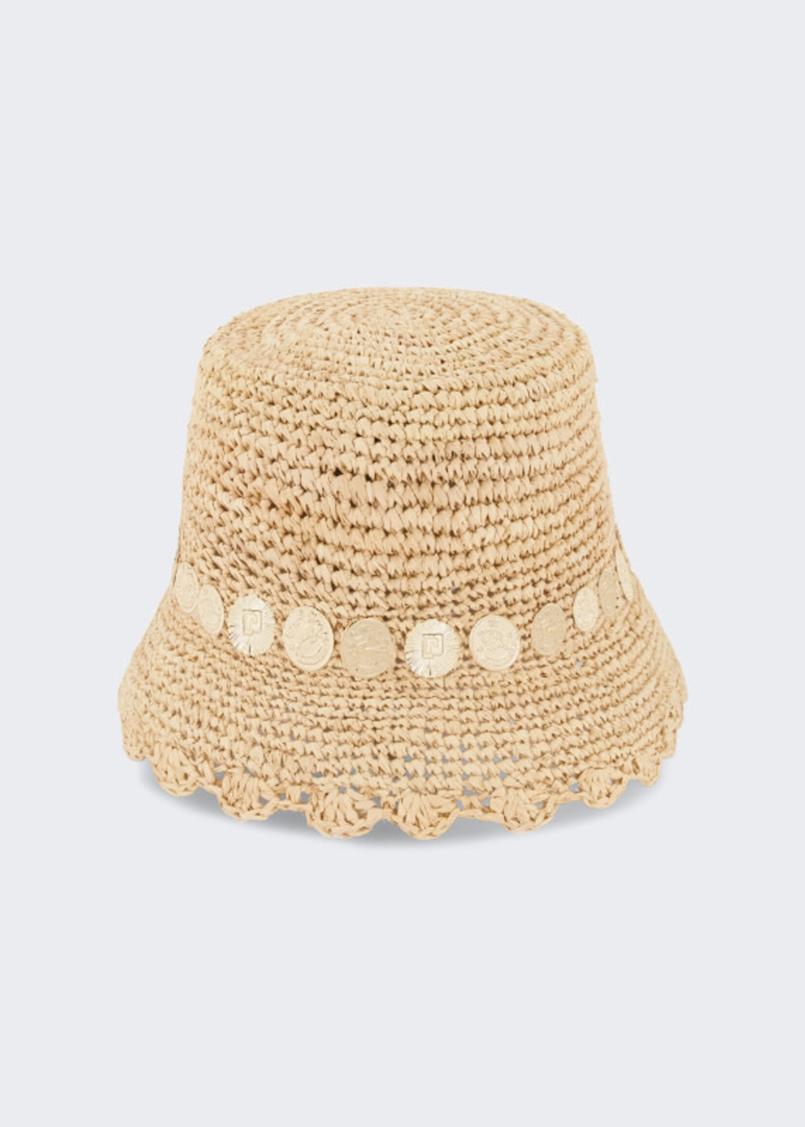 Rabanne Paco Rabanne Hat, Multi, Raffia Bucket Hat in Natural & Light Gold w/ Zodiac Sign Medallions