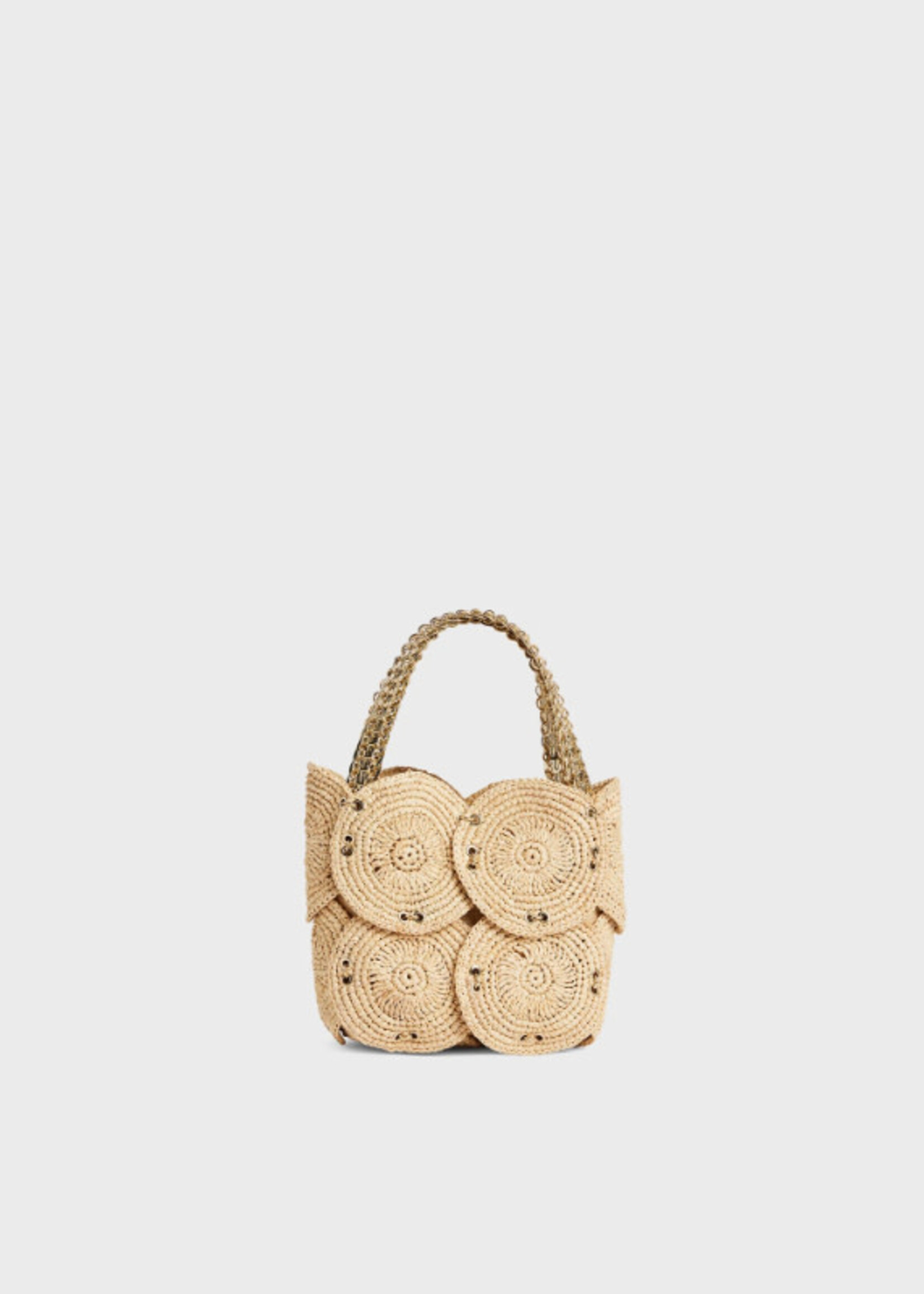Rabanne Paco Rabanne Bag, Beige, Raffia Top Handle Bucket Bag in Natural & Gold w/ Golden Discs Handle