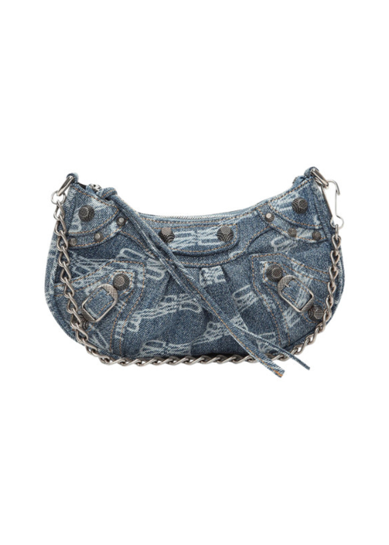 Balenciaga Balenciaga Bag, Blue, Le Cagole Mini Cotton Denim Shoulder Bag w/ All Over Logo & Chain Strap