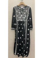 Muzungu Sisters Muzungu Sisters Dress, Black, Silk V-Neck Long Sleeve Embroidered Dress w/ White Embroirdery