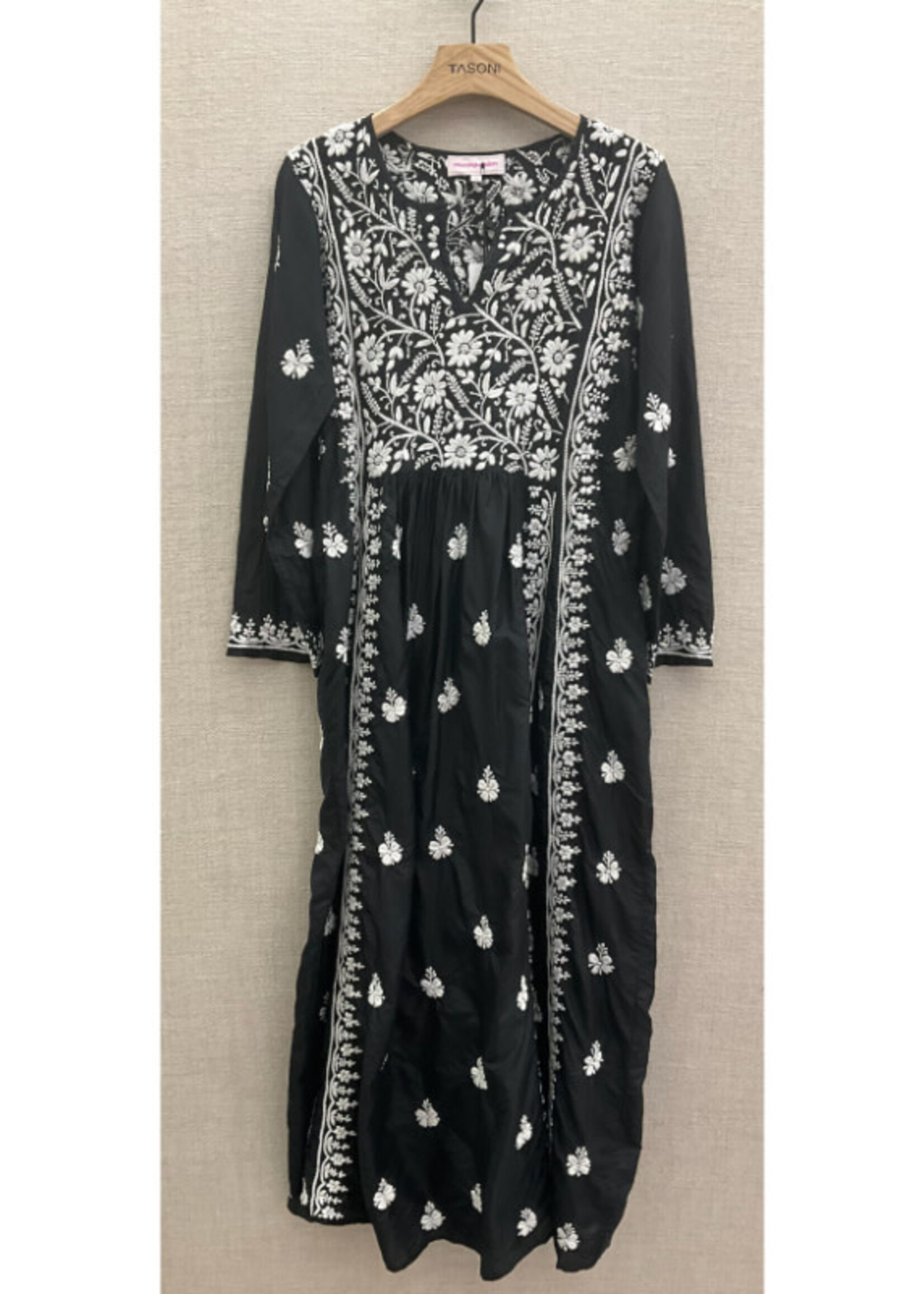 Muzungu Sisters Muzungu Sisters Dress, Black, Silk V-Neck Long Sleeve Embroidered Dress w/ White Embroirdery