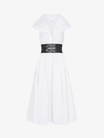 Alaia Alaia Dress, White, Cotton Hooded Maxi Flare Dress in White w/ Elastic Leather Belt