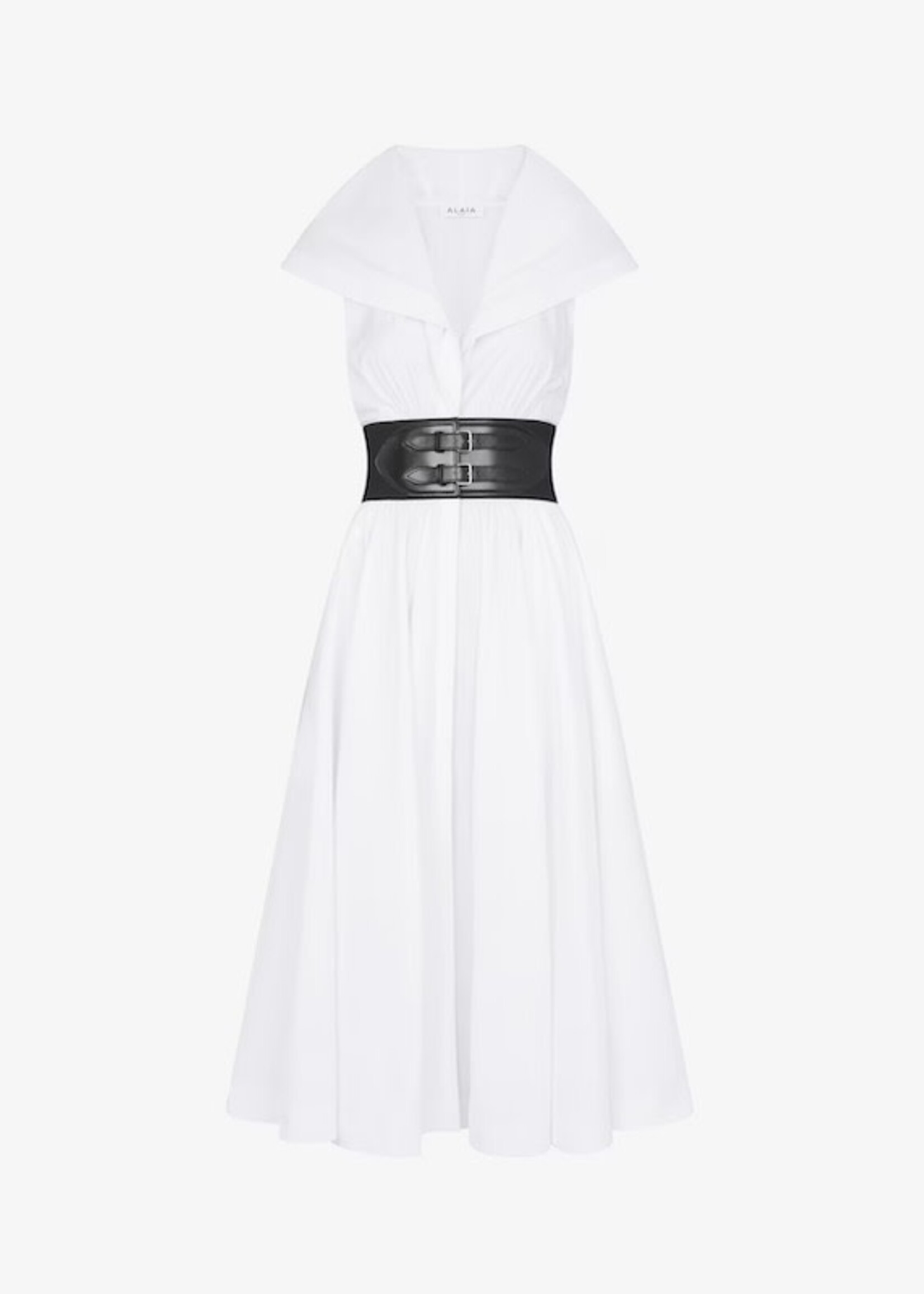 Alaia Alaia Dress, White, Cotton Hooded Maxi Flare Dress in White w/ Elastic Leather Belt