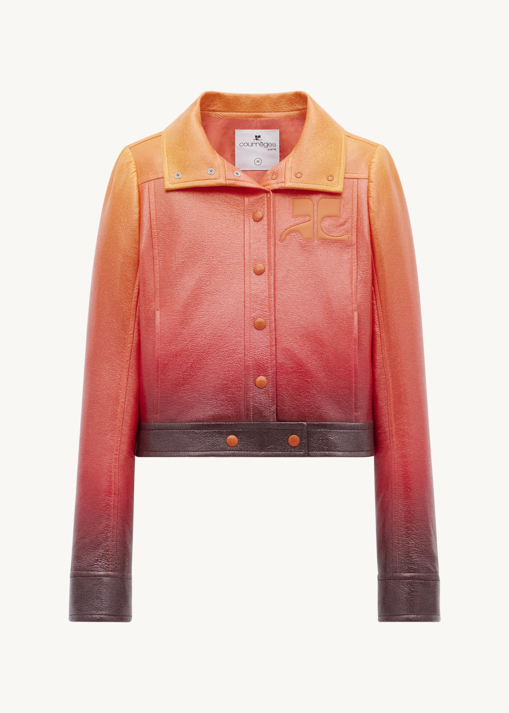 Courreges Courreges Jacket, Multi, Vinyl High Neck Cropped Reedition Iconic Jacket in Gradient Sunset w/ Logo Patch