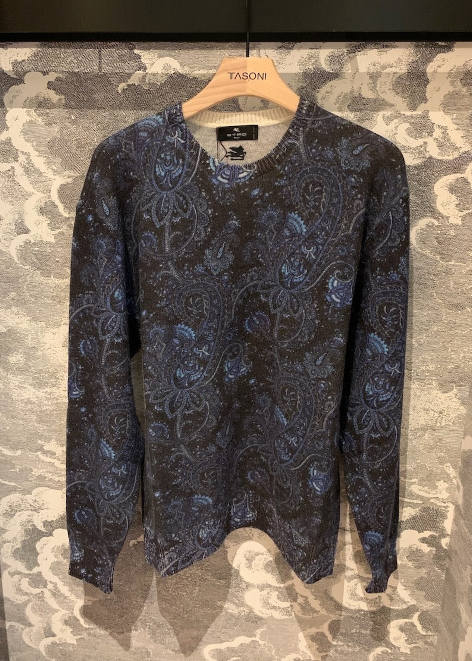 Etro Etro Knitwear, Print, Wool Crew Neck Sweater in Paisley Blue Print