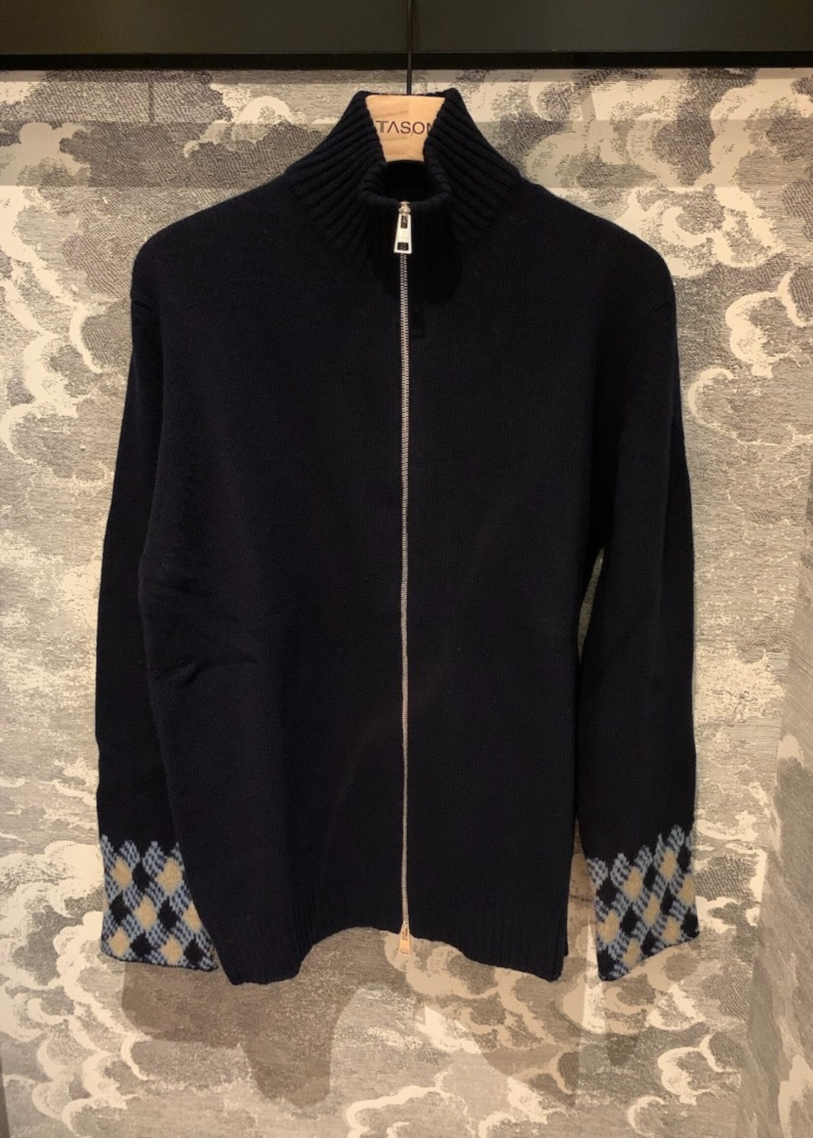 Etro Etro Knitwear, Navy, Virgin Wool High Neck Zip Up Cardigan w/ Checked Hem Sleeves
