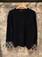 Etro Etro Knitwear, Navy, Virgin Wool Crew Neck Sweater w/ Checked Hem Sleeves