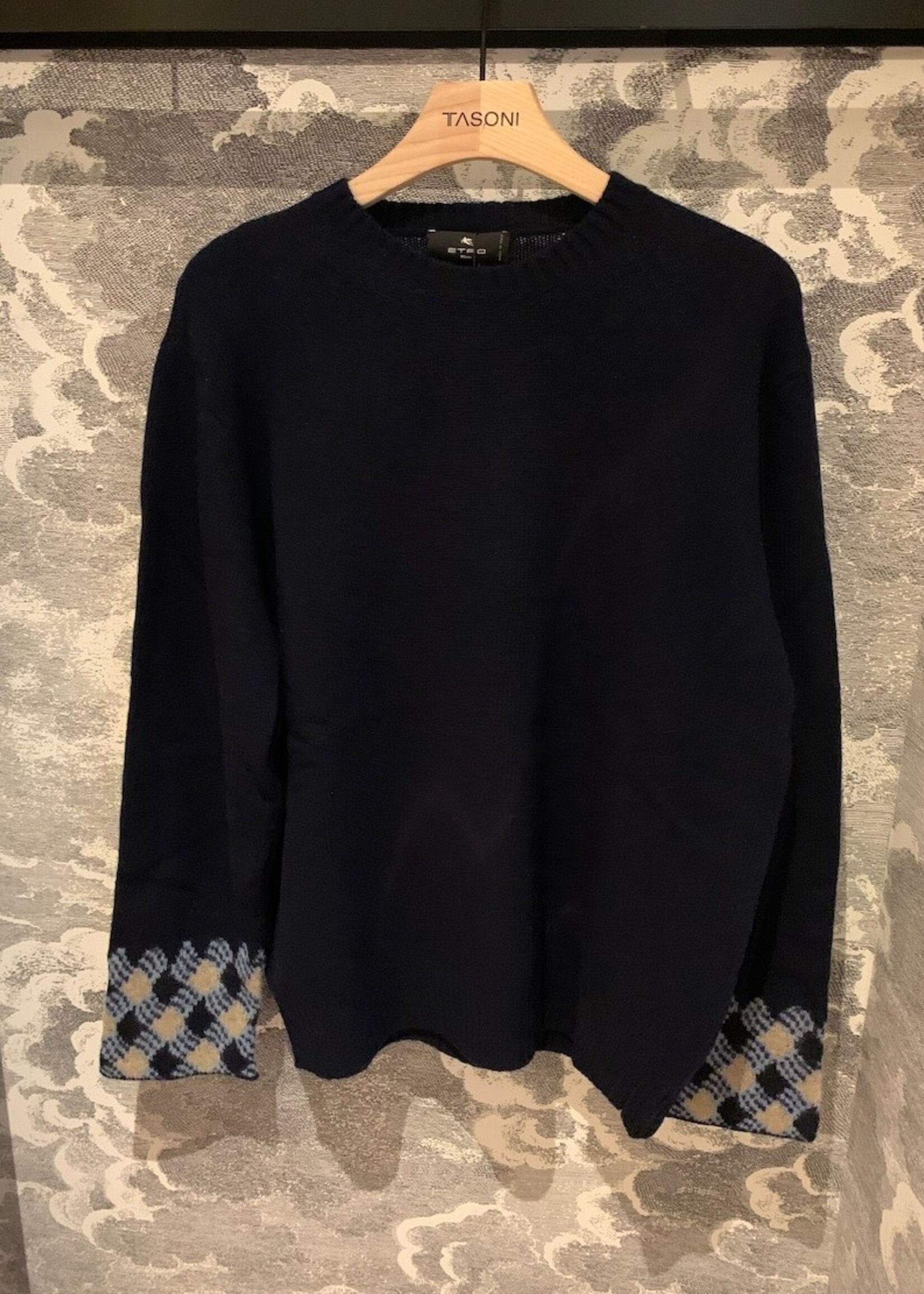 Etro Etro Knitwear, Navy, Virgin Wool Crew Neck Sweater w/ Checked Hem Sleeves
