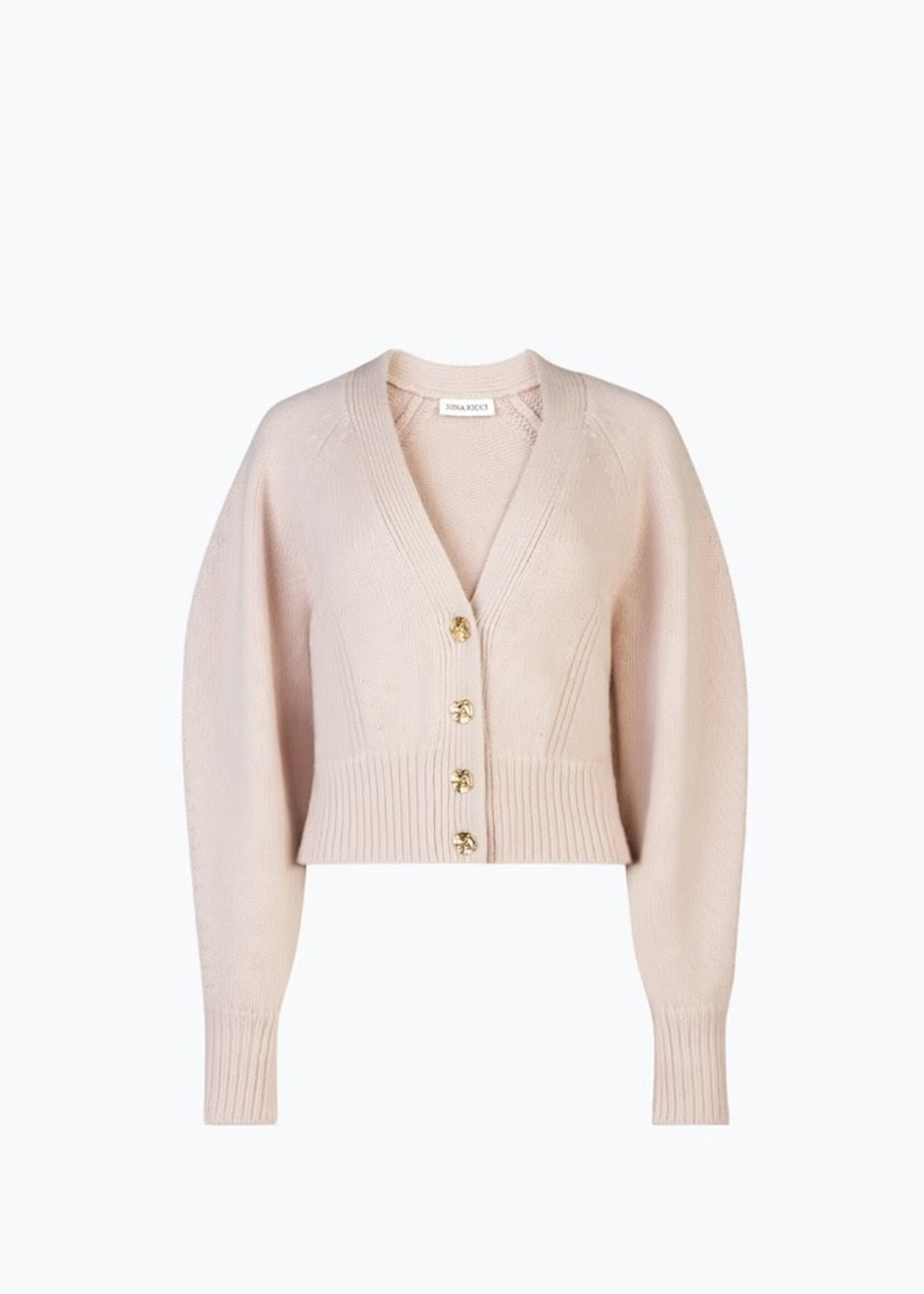 Nina Ricci Nina Ricci Knitwear, Pink, Cashmere V-Neck Puff Sleeves Cropped Cardigan in Rose Powder