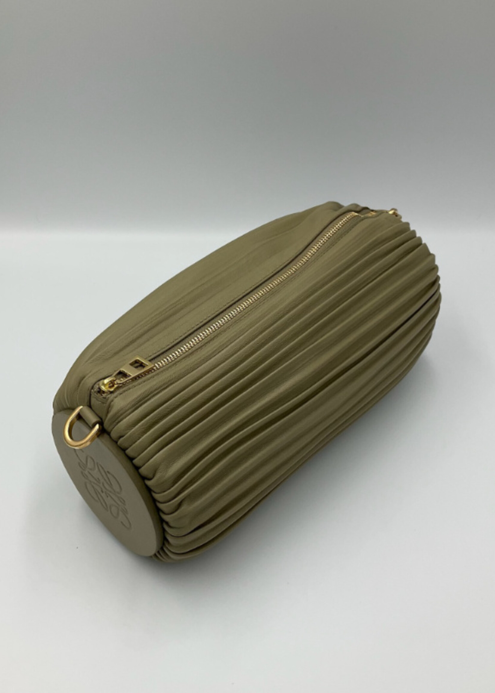 Loewe Loewe Pouch, Green, Pleated Nappa Lamb Leather Versatile Tubular Zip Closure Bracelet Pouch in Clay Green w/ Shoulder Strap