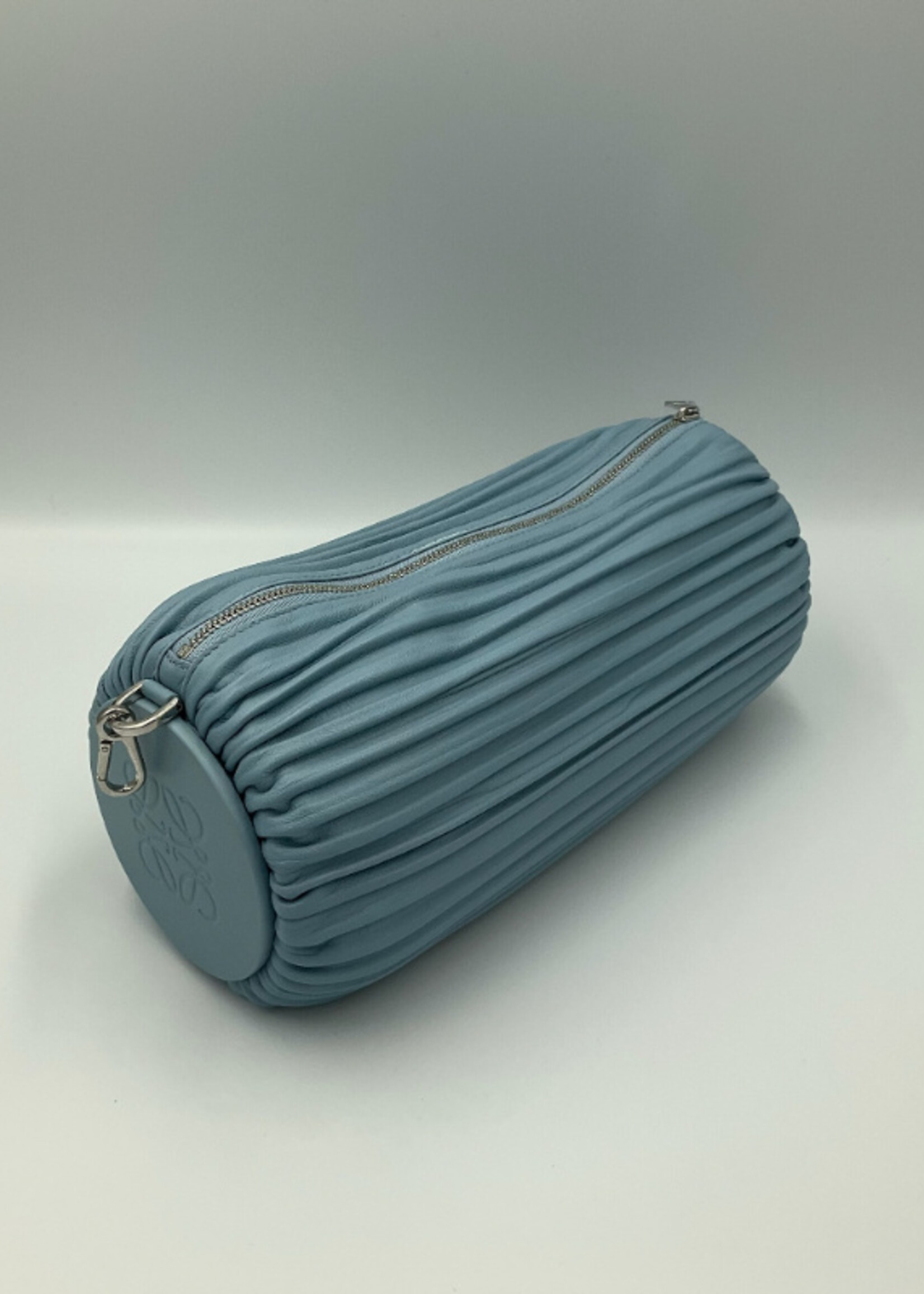 Loewe Loewe Pouch, Blue, Pleated Nappa Lamb Leather Versatile Tubular Zip Closure Bracelet Pouch in Dusty Blue w/ Shoulder Strap