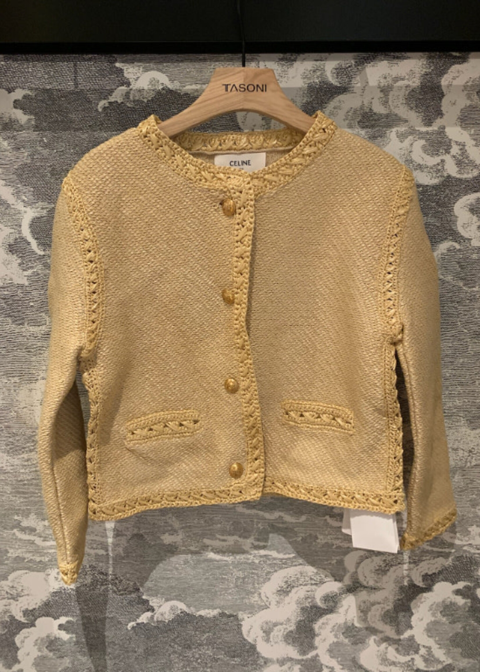 Celine Celine Jacket, Beige, Cotton & Raffia Crew Neck Button Up Cardigan Jacket In Natural