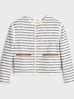 Celine Celine Jacket, Multi, Cotton Mix Crew Neck Cardigan Jacket in Ivory & Marine