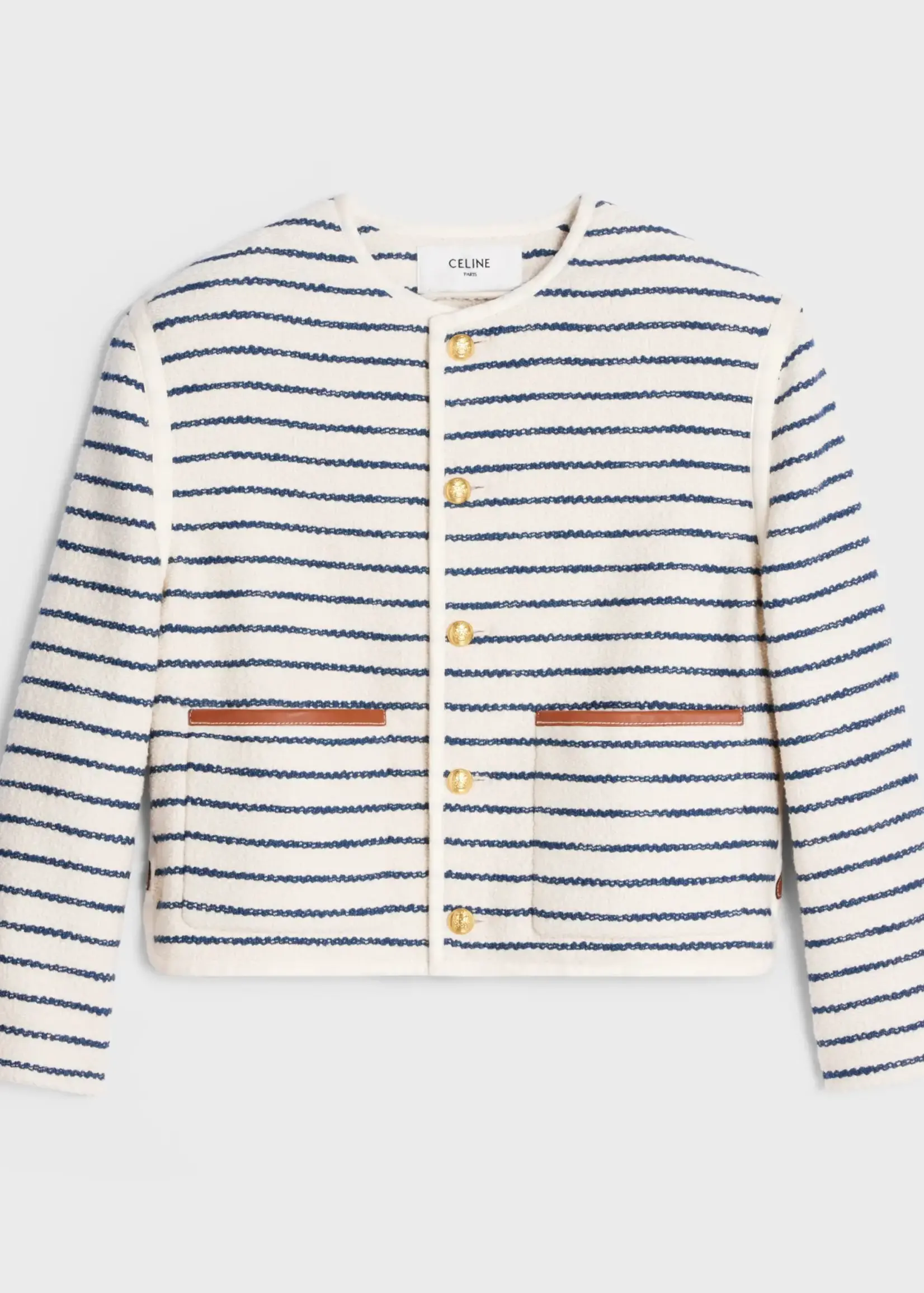 Celine Celine Jacket, Multi, Cotton Mix Crew Neck Cardigan Jacket in Ivory & Marine