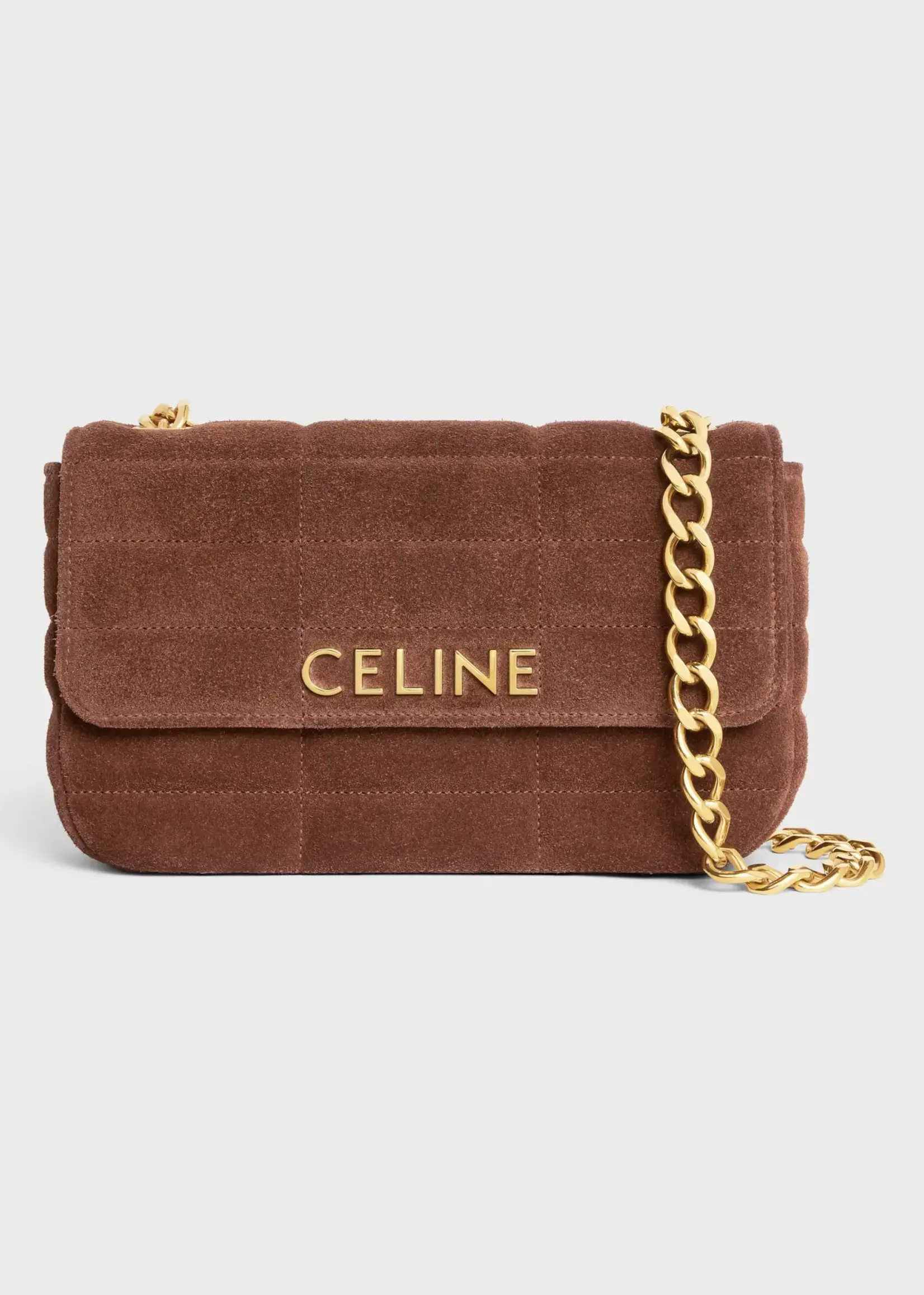 Celine Celine Bag, Brown, Suede Calfskin Padded Shoulder Bag In Brown w/ Gold Chain Strap