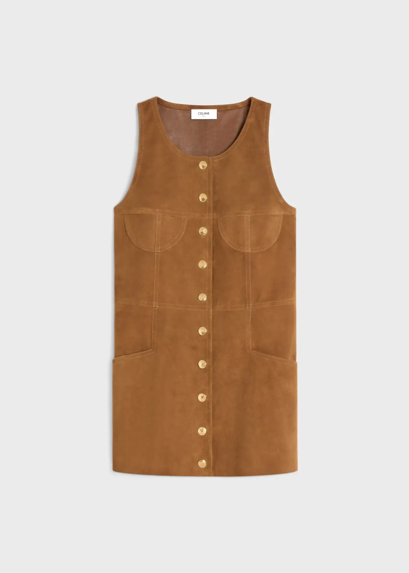 Celine Celine Dress, Brown, Suede Pinafore Sleeveless Button Up Dress In Caramel w/ Pockets