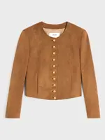 Celine Celine Jacket, Brown, Suede Lambskin Regular Fit Crew Neck Multi Buttons Jacket w/ Pockets