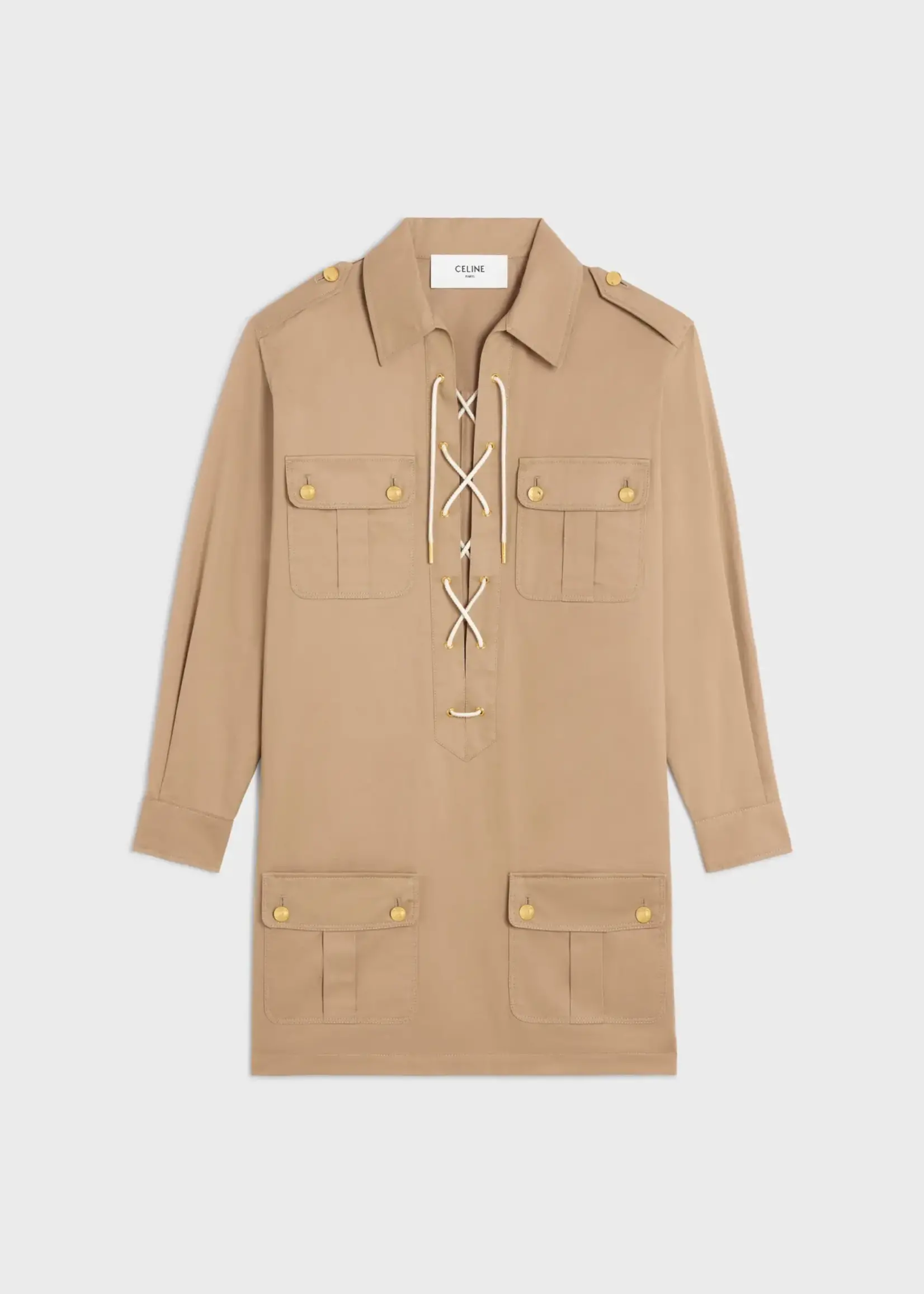 Celine Celine Dress, Beige, Cotton & Linen Collared V-Neck Mini Saharienne Dress In Cord