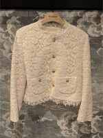 Celine Celine Jacket, White, Collared Button Up Lace Jacket In Ivory w/ Gold Buttons