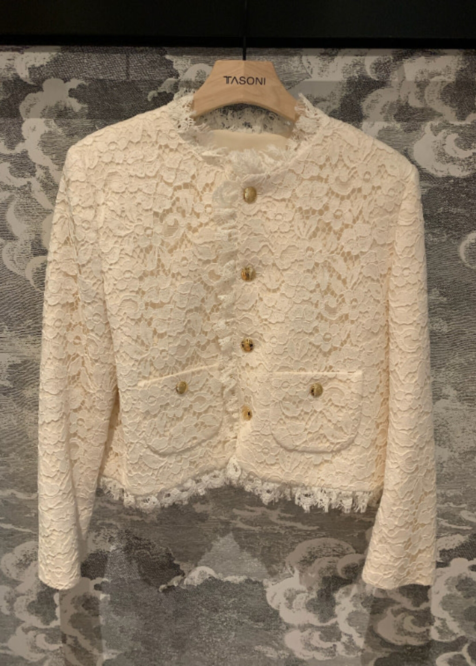 Celine Celine Jacket, White, Collared Button Up Lace Jacket In Ivory w/ Gold Buttons