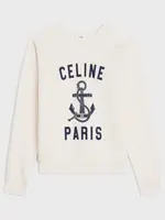 Celine Celine Sweatshirt, Multi, Cotton & Cashmere Loose Fit Crew Neck Sweater In Light Ivory & Blue w/ Celine Paris Anchor Print
