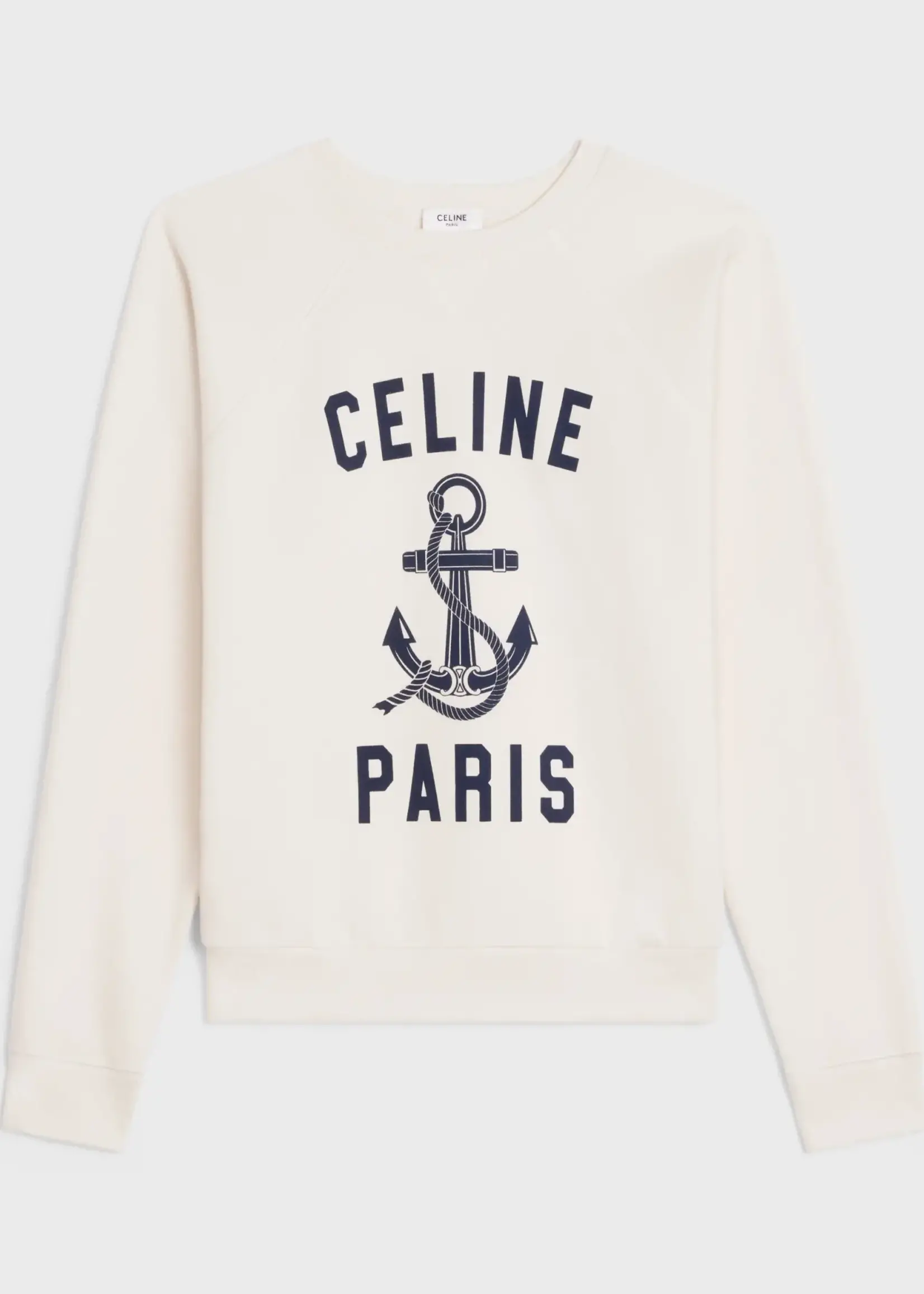 Celine Celine Sweatshirt, Multi, Cotton & Cashmere Loose Fit Crew Neck Sweater In Light Ivory & Blue w/ Celine Paris Anchor Print