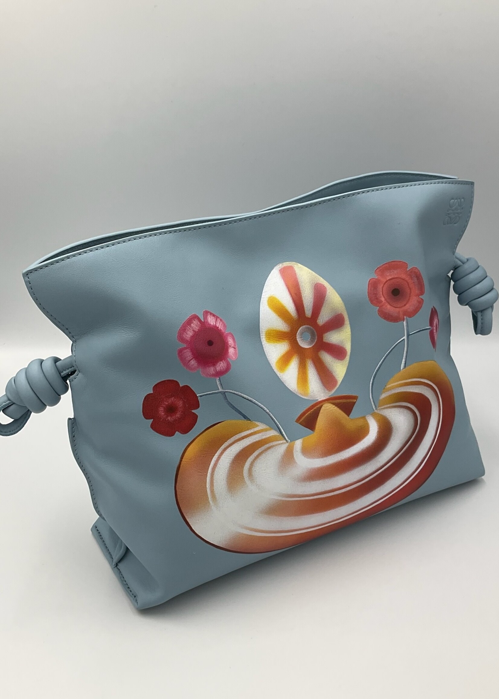 Loewe Loewe Bag, Print, Flamenco Nappa Calf Leather Knotted Drawstring Clutch Bag In Dusty Blue w/ Maruja Mallo Print