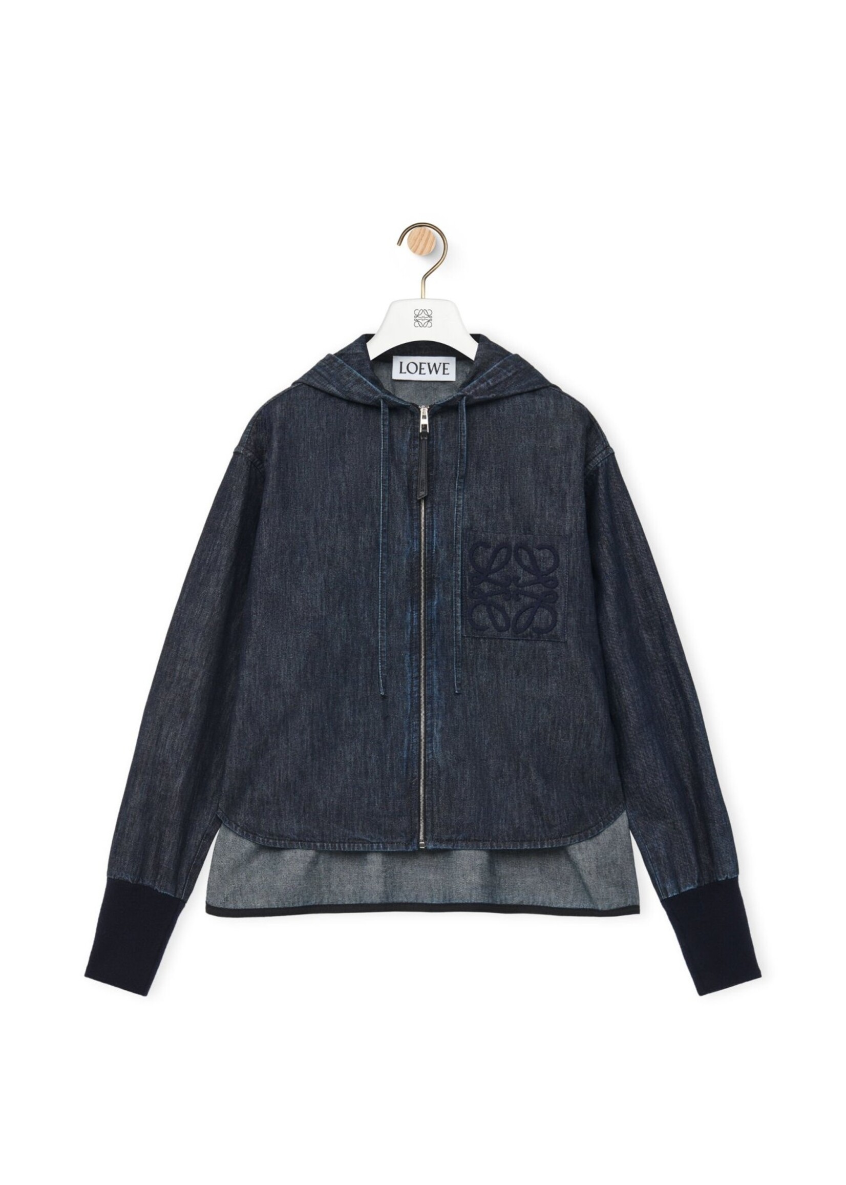 Loewe Loewe Jacket, Navy, Cotton Denim Relaxed Fit Zip Up Hooded Jacket in Indigo w/ Anagram