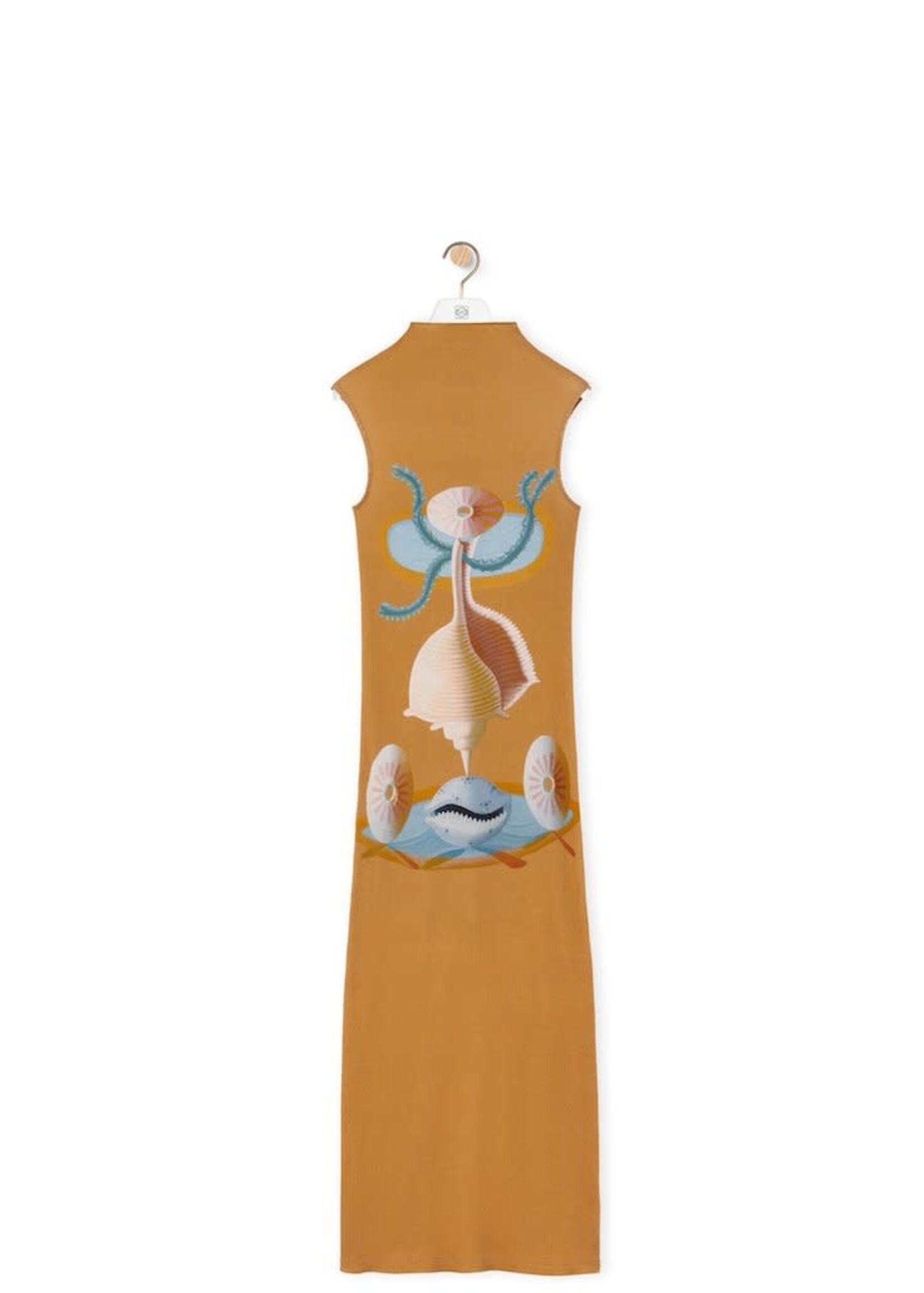 Loewe Loewe Dress, Multi, Cotton High Neck Sleeveless Long Tube Dress in Camel & Multicolour w/ Maruja Mallo Print