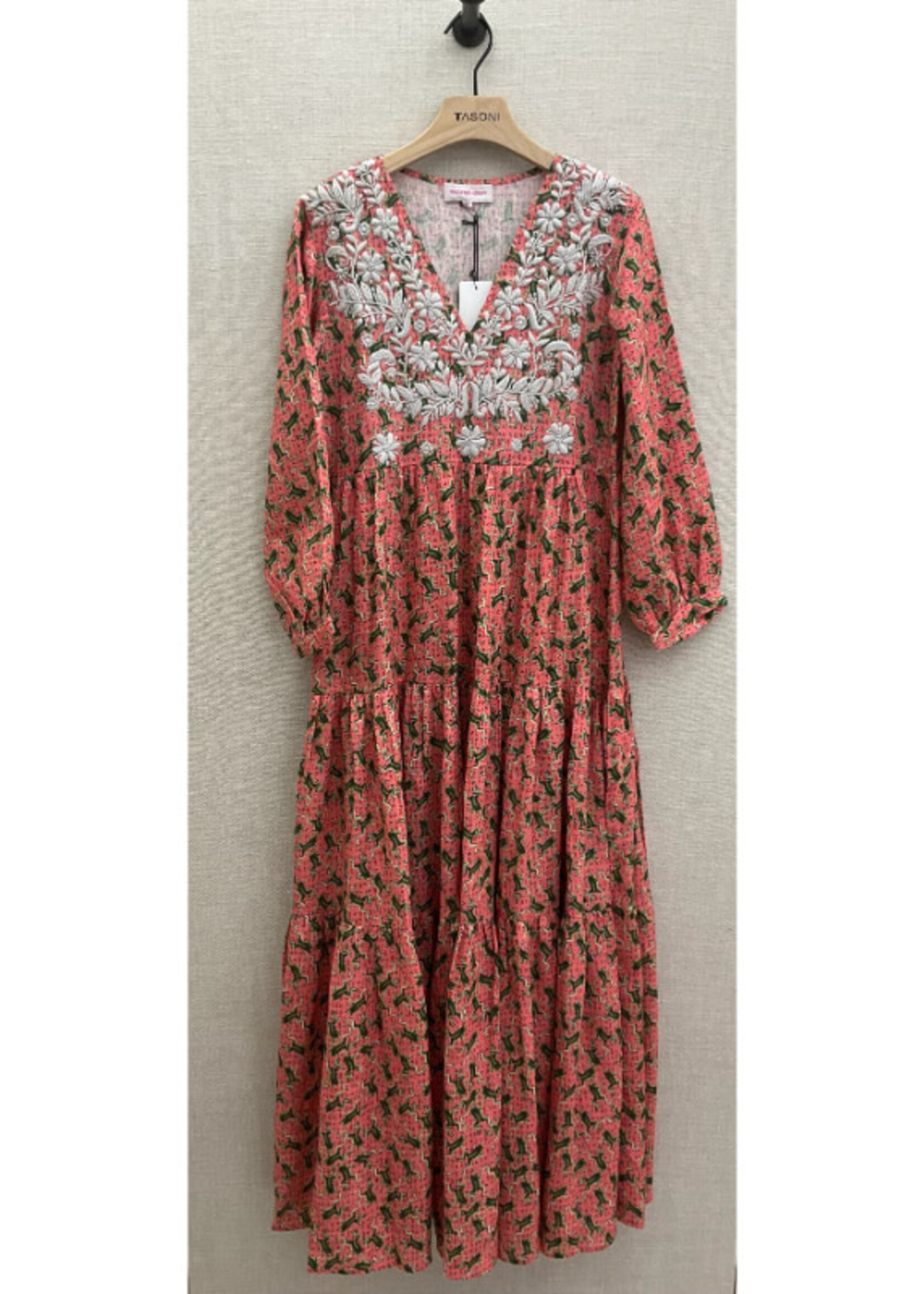 Muzungu Sisters Muzungu Sisters Dress, Print, Frangipani Linen V-Neck Long Sleeve Long Dress in Pink  w/ Frog Blossom Print & Grey Embroidery